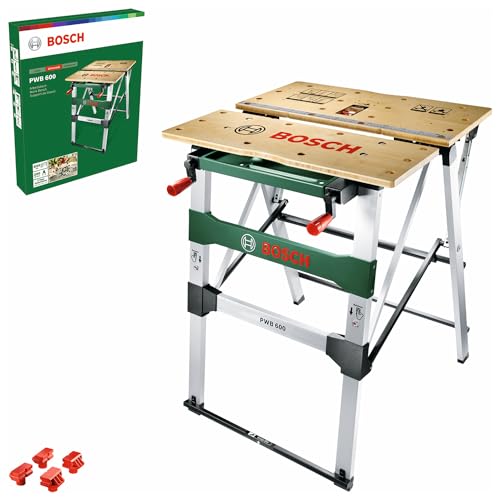 Bosch Home and Garden Work Bench PWB 600 (4 blade clamps, cardboard box, max. load capacity: 200 kg), Schwarz, Grün, Metallic