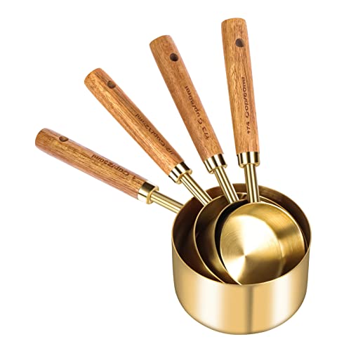 Cuteefun Measuring Cups and Spoons Set of 8, Wooden Handle, with Metric and US Measurements, Premium Stainless Steel, Gold Polished Finish, Dry & Liquid Measuring Cup, for Cooking and Baking
