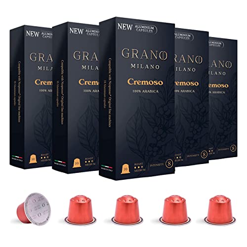 - Grano Milano Cremoso | 50 Aluminium Coffee Pods | Compatible with Nespresso Original line, 100% Arabica Medium Roast | Intensity 8/12 | Coffee Capsules Made in Italy | Espresso Coffee -
