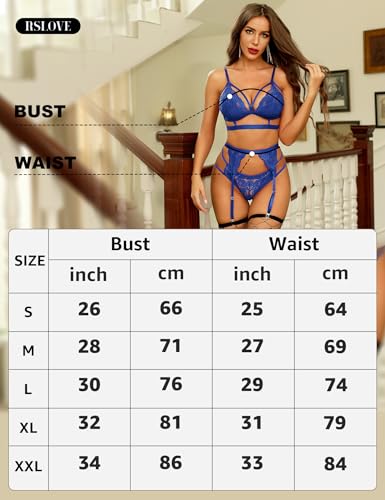 - RSLOVE Sexy Lingerie for Women | Floral Lace Bra and Panty Set | 3 Pieces | Blue -