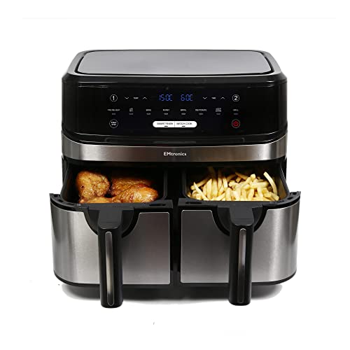 - EMtronics Dual Air Fryer | Extra Large Family Size | Double XL 9 Litre | 8 Adjustable Pre-Set Menus -