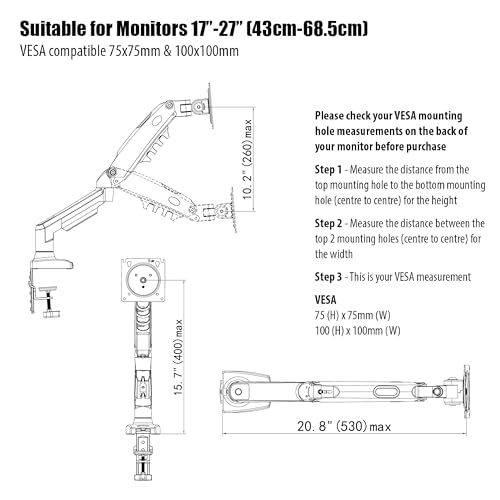- Invision PC Monitor Arm Ergonomic Height Adjustable Gas Assisted Full Motion | Single Arm Desktop Clamp Mount for 17–27” Screens with Tilt Swivel Extend | VESA 75mm/100mm Weight 2kg-6.5kg (MX150) -