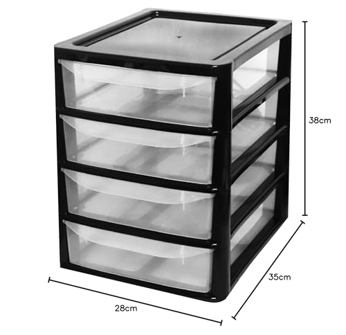 A4 Desktop Plastic Storage Drawers Table Top Organiser 4 Pull Out Drawers Storage Tower Unit For Home, School, Office, Bedroom & Living Room (1, Black)