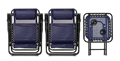 Amazon Basics Zero Gravity Alloy Steel Chair with Side Table For Relaxing, Cup Holders,Reclining,Foldable, Set of 2, Blue