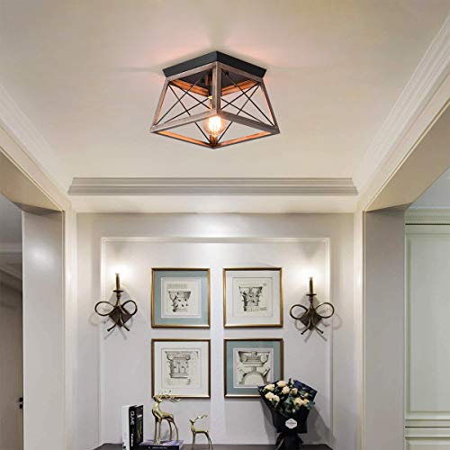 - Ganeed Industrial Flush Mount Ceiling Light | Farmhouse Rustic Close to Ceiling Light Mini Ceiling Lamp Fixture | Square Metal Cage -
