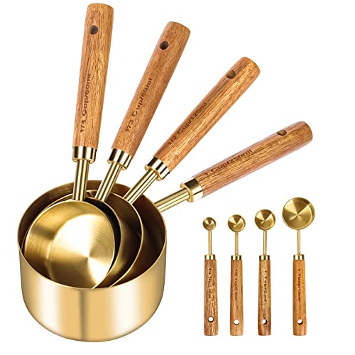 Cuteefun Measuring Cups and Spoons Set of 8, Wooden Handle, with Metric and US Measurements, Premium Stainless Steel, Gold Polished Finish, Dry & Liquid Measuring Cup, for Cooking and Baking