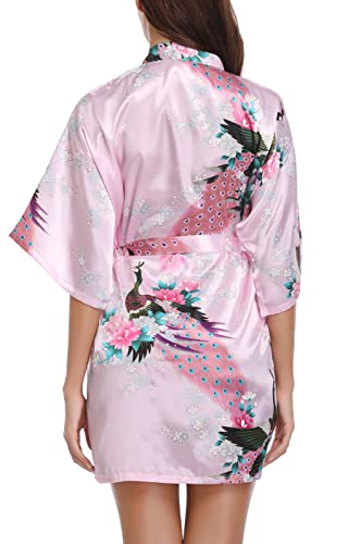 - Vlazom Women Kimono Robes Satin Dressing Gown Peacock and Blossoms Sleep Lounge Nightwear Short Silk Bride Bridesmaid Robe -