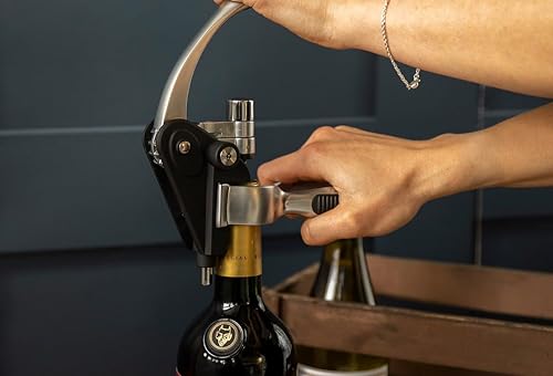 BarCraft Lever Corkscrew and Wine Bottle Opener, Comes with Bottle Stopper, Foil Cutter and Spare Non-stick Worm, 1 Kit with Presentation Box, Metal Shimmer