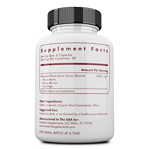 Ancestral Supplements Grass Fed Beef Bone and Marrow Supplement, Bone, Skin, Oral Health, and Joint Care Supplements Promote Whole-Body Wellness, Non-GMO Whole Bone Extract, 180 Capsules