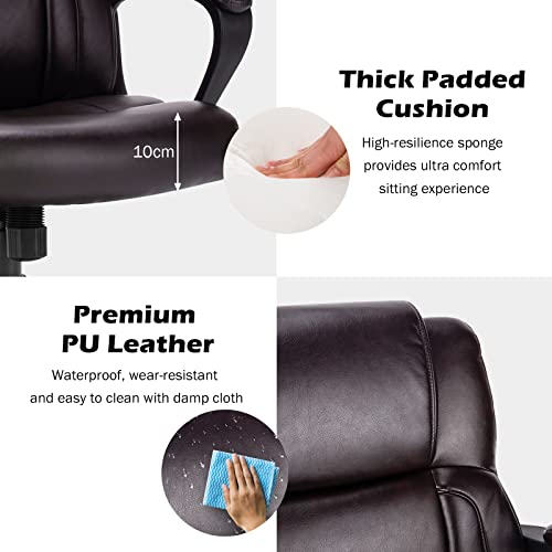 COSTWAY 300/330/400/500LBS Big & Tall Executive Office Chair, Height Adjustable Leather Computer Desk Chair with Rocking Backrest & Arms, Home Office Ergonomic Swivel Task Chair (330LBS, Brown)