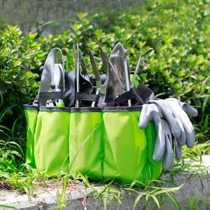 - WORKPRO 8 Piece Garden Tools Set, Stainless Steel Hand Tools with Wooden Handle, Including Gloves, Trowel, Weeder, Hand fork, Hand Rake, Transplanter, Pruner and Garden Tote