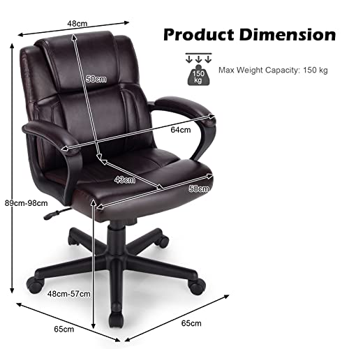 COSTWAY 300/330/400/500LBS Big & Tall Executive Office Chair, Height Adjustable Leather Computer Desk Chair with Rocking Backrest & Arms, Home Office Ergonomic Swivel Task Chair (330LBS, Brown)