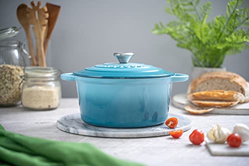 Cast Iron Pot with Lid – Non-Stick Ovenproof Enamelled Casserole Pot, Oven Safe up to 500° F – Sturdy Dutch Oven Cookware – Blue, 5-Quart, 24cm – by Nuovva