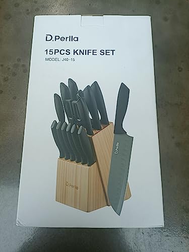 D.Perlla Knife Set with Block, 15 Pieces Kitchen Knife Set, Non Stick Black Colour Coating Stainless Steel Blade Knife Set, No Rust, Sharp Knife Block Set