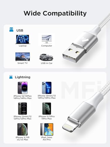 Aioneus iPhone Charger Cable 2M, MFi Certified Lightning Cable Fast Charging iPhone Cable Lead Nylon Lightning to USB Cable for iPhone 14 13 12 11 Pro Max XS XR X 8 7 6 Plus 5 SE