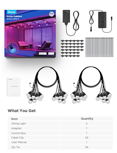 - Govee Smart Outdoor String Lights | 30M | RGBIC Outdoor Lights with Dimmable Warm White LED Bulbs -