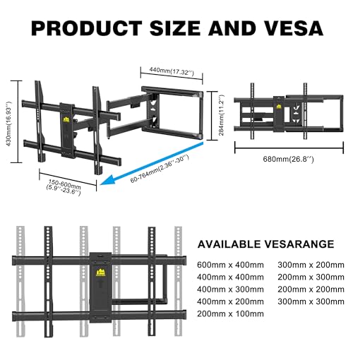 - FORGING MOUNT Long Reach TV Wall Bracket Mount | Swivel Tilt Corner TV Bracket | 765mm long Arm for Corner/flat Installation | Fits 37 to 75" Flat/curve TVs | VESA 600x400mm | Holds up to 45kg -