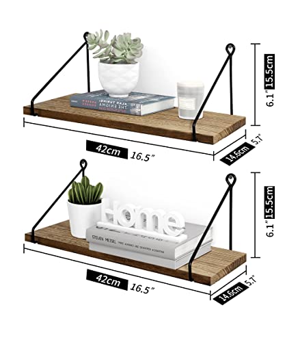 Afuly Rustic Floating Shelves Wooden for Wall Mounted with Metal Brackets Wood Storage Shelf for Bathroom Kitchen Bedroom Living Room Office Decorative Home Accessories, Set of 2