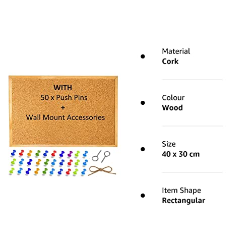 Cork Notice Pin Board Bulletin Vision Boards for Home Bedroom Offices Memo Message Pictures Planner Display Organiser Wood Frame Corkboard - Wall Mount Screws and 50 Push Pins - 400 x 300 mm