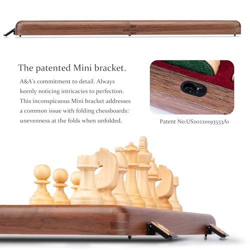 A&A 15 inch Wooden Folding Chess Set w/ 3 inch King Height Staunton Chess Pieces / 2 Extra Queens - Natural Walnut Wood