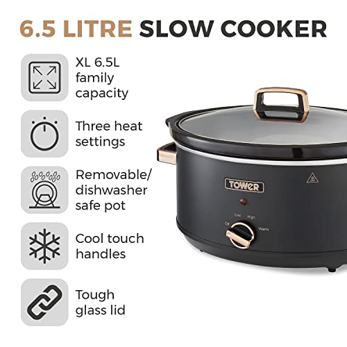 - Tower T16043BLK Cavaletto | 6.5 Litre Slow Cooker | 3 Heat Settings -