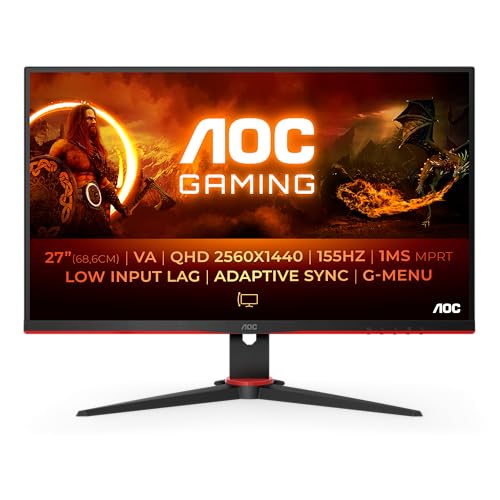 AOC Gaming Q27G2E - 27 INch QHD Monitor, 155Hz, 1ms MPRT, VA, FreeSync Premium, Shadow control, Low Input lag (2560 x 1440 @ 155Hz, 250 cd/m², HDMI 2.0 x 2, DisplayPort 1.2x1)