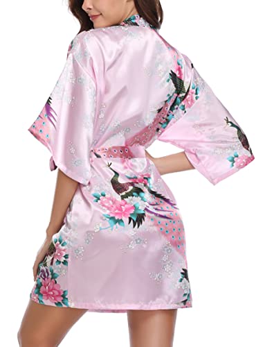 - Vlazom Women Kimono Robes Satin Dressing Gown Peacock and Blossoms Sleep Lounge Nightwear Short Silk Bride Bridesmaid Robe -
