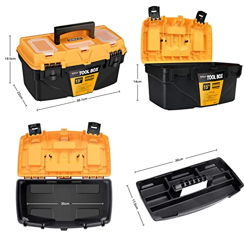 AIRAJ PRO Waterproof Toolbox Storage,15"Plastic Tool Box With Removable Tray,3 Transparent Storage Room,2 Hard Plastic Clips,Tool Storage Box for Household Tools,Toys,Decorations and Stationery