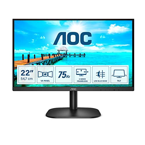 AOC 22B2H - 22 inch FHD Monitor, 75Hz, VA, 7ms Frameless design, Tilt, lowBlue Mode, Flicker Free (1920 x 1080 @ 75Hz, HDMI/VGA)
