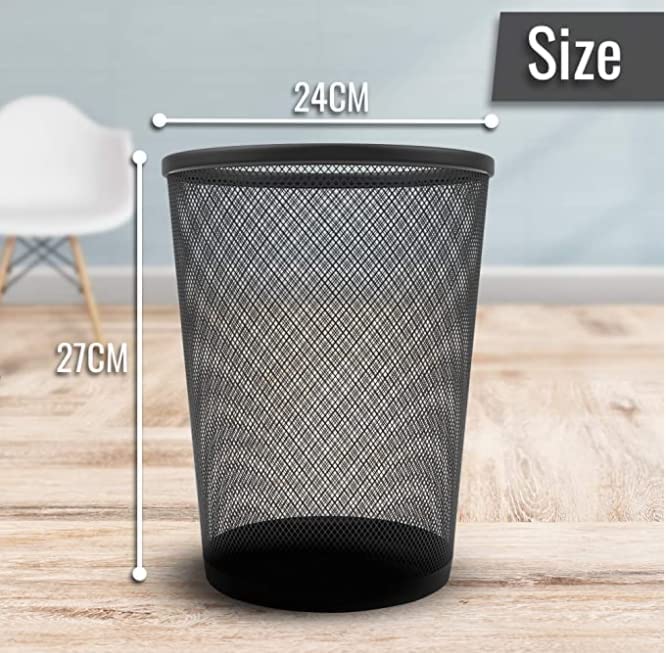 Circular Mesh Waste Paper Bin, Lightweight Waste Basket Garbage Can, Metal Trash Bin Ideal for Kitchen Home Office Dorm Room Living Room Desk Bedroom (Black)