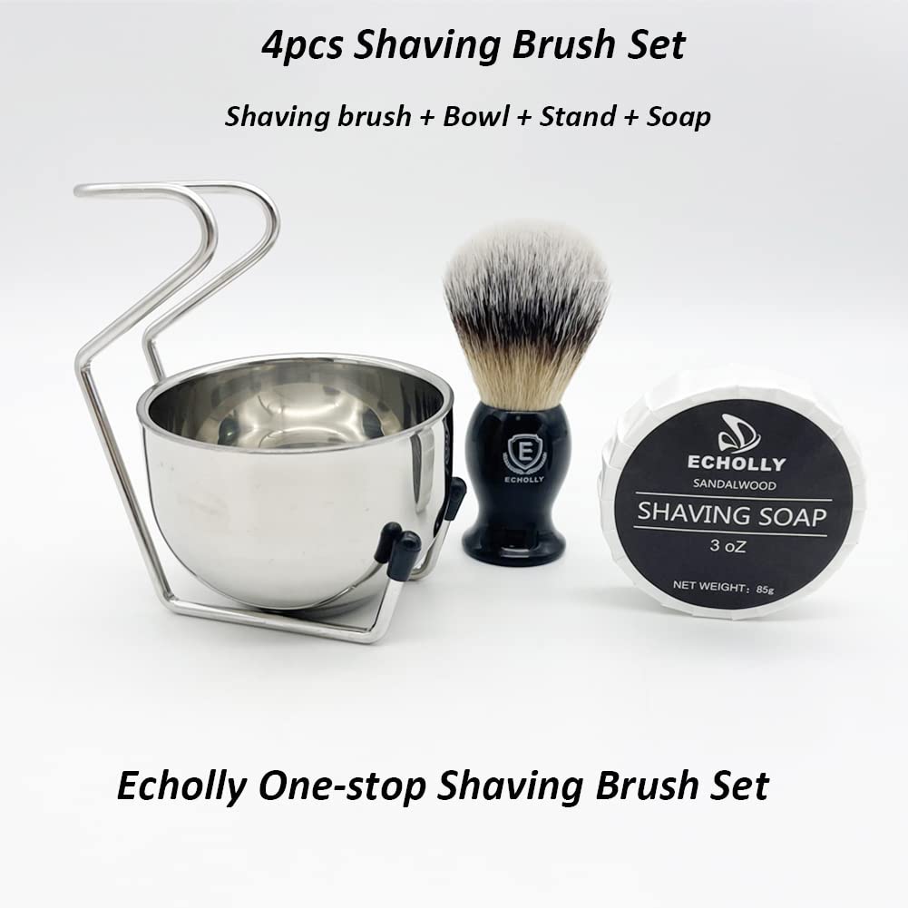 4pcs Shaving Brush Set by Echolly-Premium Mens Shaving Brush,Stainless Steel Stand,Bowl,Shaving Cream Soap,Wet Shaving Kit for Men,Boyfriends,Fathers