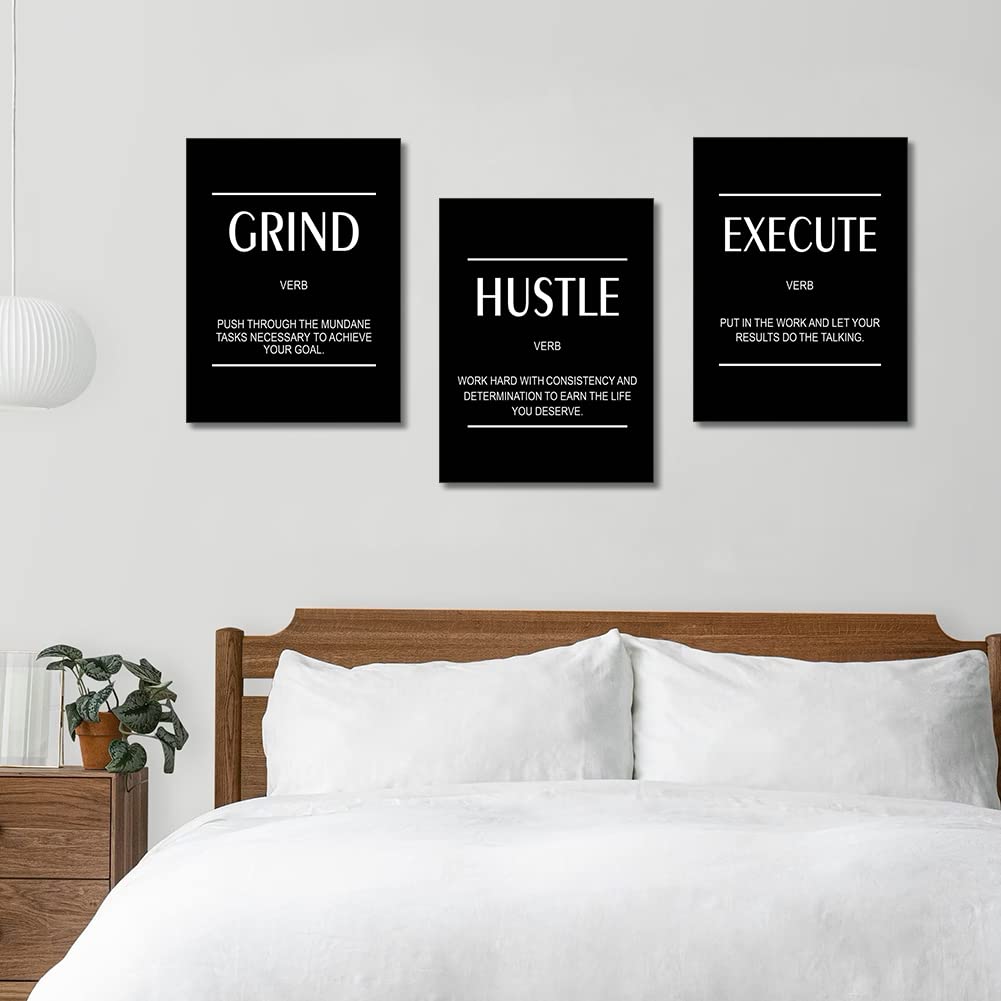Artscope 3 Pieces Inspirational Motivational Words Wall Art Canvas Prints - Execute Hustle Grind Picture Painting - Modern Wall Artwork Framed for Gifts Bathroom Living Room Office Decor - 30 x 40 CM