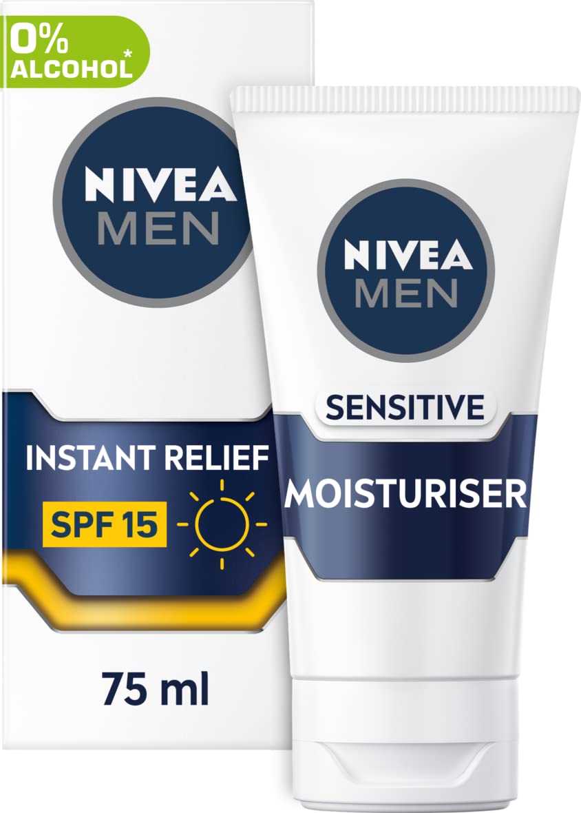- NIVEA MEN Sensitive Face Moisturiser | SPF15 (75ml) | 0% Alcohol Moisturiser -