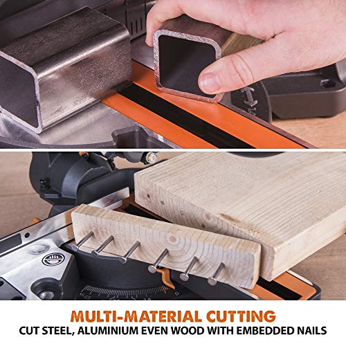 - Evolution Power Tools R210SMS+ Sliding Mitre Saw With Multi-Material Cutting | 45° Bevel | 50° Mitre | 230mm Slide | 1500 W | 230 V -