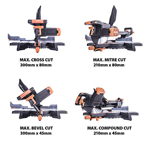 - Evolution Power Tools R255SMS+ Compound Mitre Saw | Multi-Material Cutting Blade | Chop Wood Metal Plastic | 45° Bevel | 50° Mitre Angle | 300mm Slide | 2000 W | 255 mm | 220-240 V -