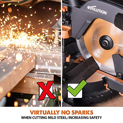 - Evolution Power Tools R255SMS+ Compound Mitre Saw | Multi-Material Cutting Blade | Chop Wood Metal Plastic | 45° Bevel | 50° Mitre Angle | 300mm Slide | 2000 W | 255 mm | 220-240 V -