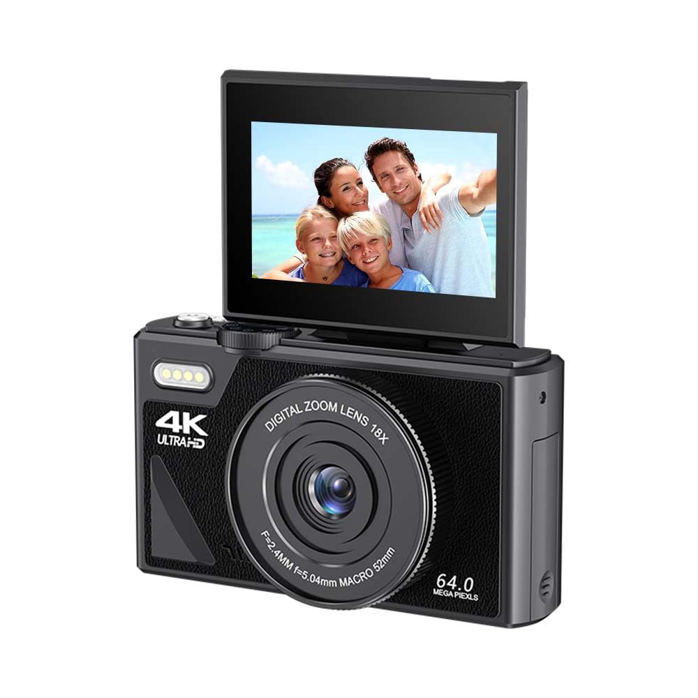 4K Compact Digital Camera for Photography: 16X Zoom Vlogging Camera for YouTube with 3'' 180° Flip Screen 32GB TF Card - 64MP Digital Point and Shoot Camera for Beginner