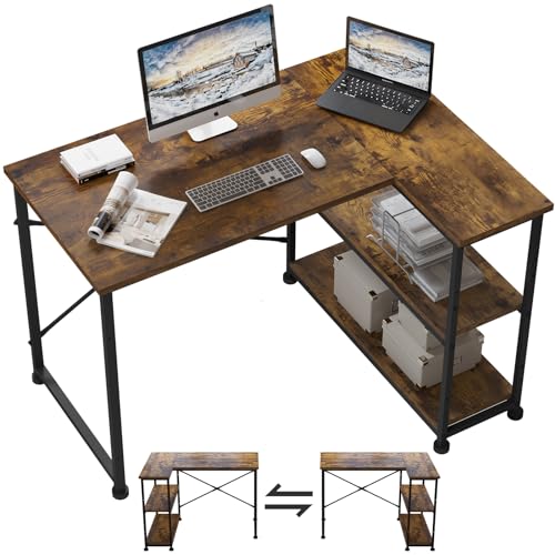 - TRIUMPHKEY 110CM L Shaped Corner Desk | Includes Shelves | Reversible Left or Right Computer Workstation -