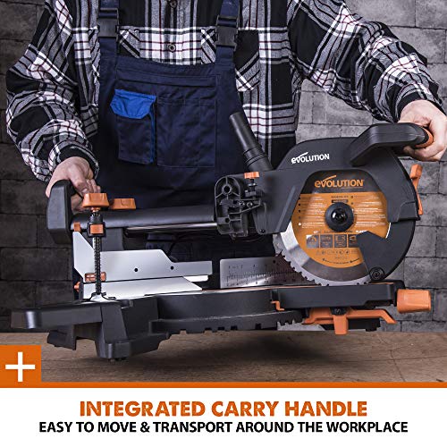 - Evolution Power Tools R255SMS+ Compound Mitre Saw | Multi-Material Cutting Blade | Chop Wood Metal Plastic | 45° Bevel | 50° Mitre Angle | 300mm Slide | 2000 W | 255 mm | 220-240 V -