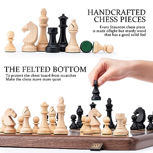 A&A 15 inch Wooden Folding Chess Set w/ 3 inch King Height Staunton Chess Pieces / 2 Extra Queens - Natural Walnut Wood