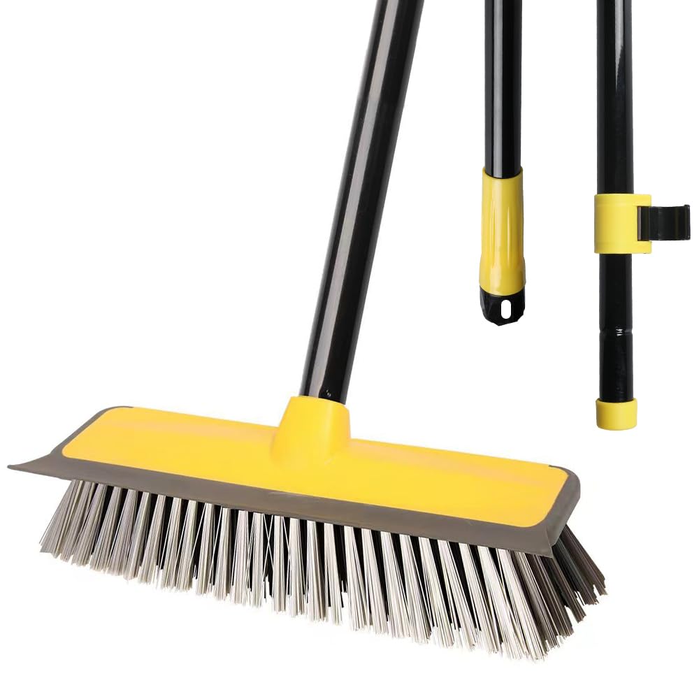 - Floor Cleaning Brush with squeegee | 60” Long Handle Push Broom | Stiff Bristles Deck Broom -