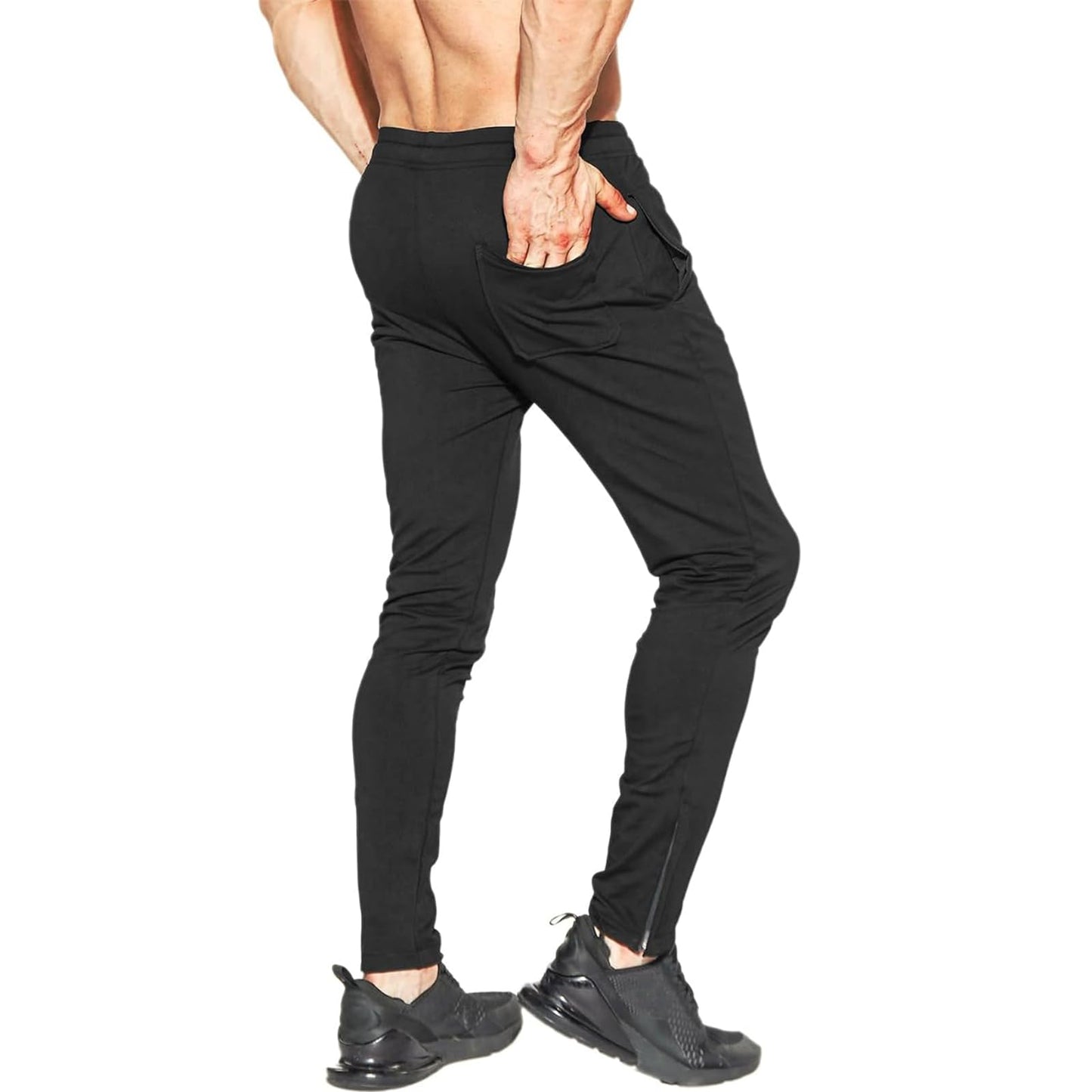 BROKIG Mens Zip Gym Joggers Sweatpants Slim fit Tracksuit Bottoms Casual Chinos Running Trousers Pockets(Large, Black)
