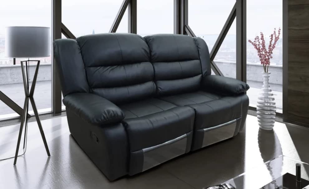 - Roma Leather Recliner Sofa with Cupholders | 2 Seater Sofa | Black (2 Seater) -