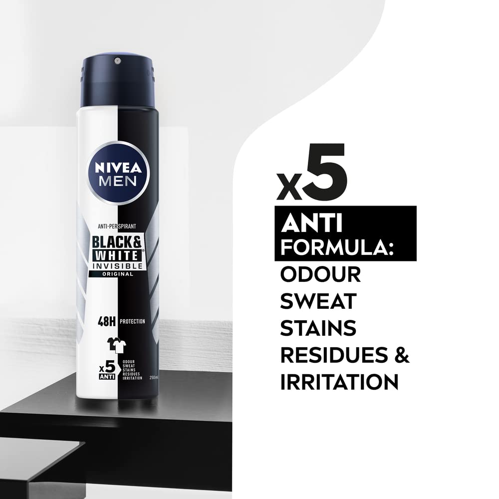 - NIVEA MEN Invisible Black and White | Original Anti-Perspirant Deodorant Spray | Pack of 6 (6 x 250 ml) -