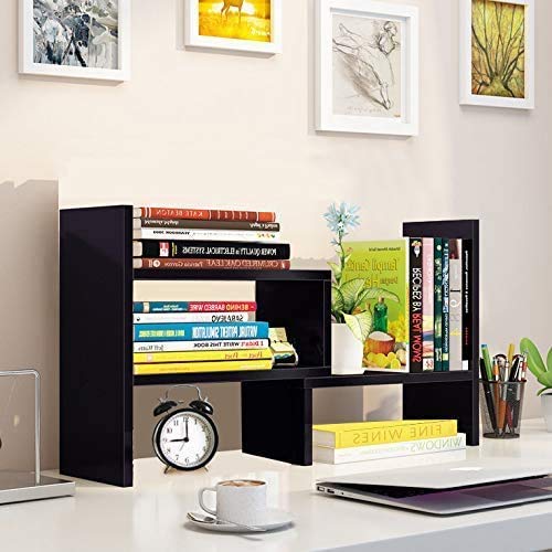 - Hossejoy Wood Adjustable Bookshelf Bookcase | Expandable Desktop Storage Organizer -
