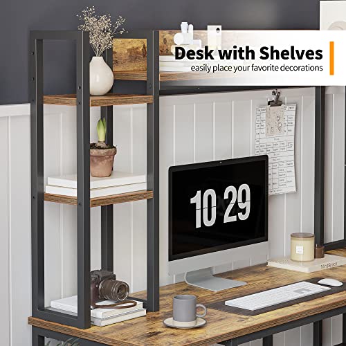 CubiCubi L-Shaped Desk with Hutch, 150x120x144 cm Corner Computer Desk, Large Home Office Desk with Bookshelf and Storage Shelves, Space-Saving, Rustic Brown