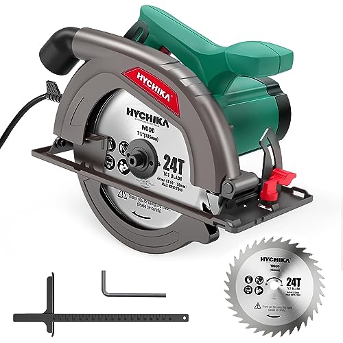 Circular Saw, 1300W HYCHIKA Electric Saw 4500RPM, High Power Motor, 24T Blade(185mm), Cutting Depth 65mm (90º), 45mm (45º), Safety Switch, Dust Extraction, for Wood/Plastic Cutting