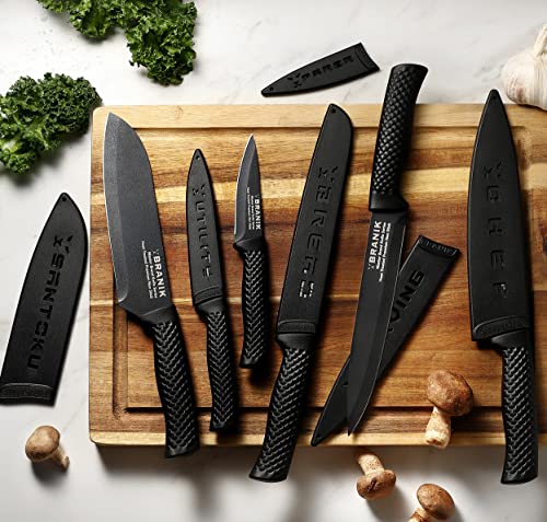 BRANIK 6Pc Black Kitchen Knife Sets with Protective Sheaths & Giftbox, Premium German Steel, Special Non-Stick Coating Making Them Dishwasher Safe.