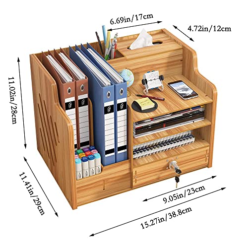 - Updated Wooden Desktop Organiser with Drawer - Large Capacity Desk - Tidy Storage Holder -