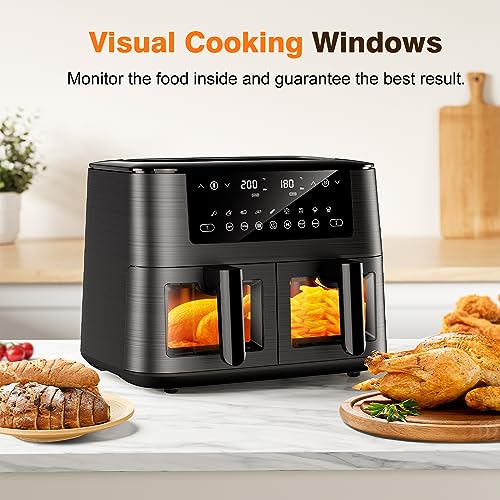 9L Dual Air Fryer with Visual Window, XL Capacity, 2 Drawers, 9-In-1 Cooking Presets, Touch Screen, Smart Finish, Timer Function, Dishwasher-Safe, Healthy Oil Free & Low Fat Cooking